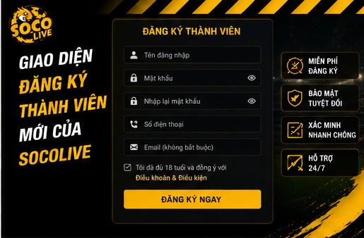 Giao diện đăng ký thành viên mới của Socolive