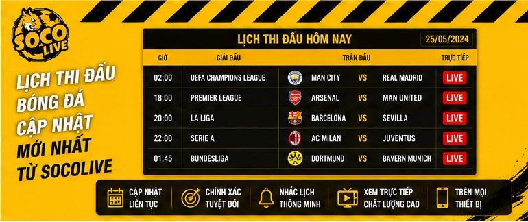 Lịch thi đấu bóng đá cập nhật mới nhất từ Socolive
