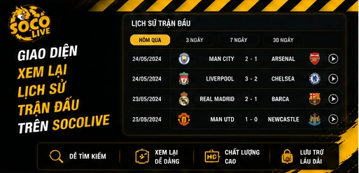 Giao diện xem lại lịch sử trận đấu trên Socolive